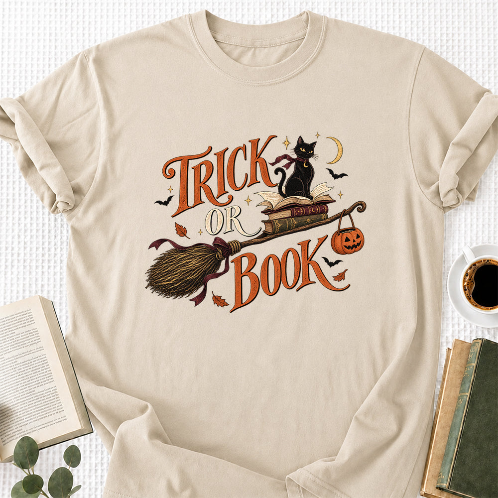 Trick Or Book Black Cat Printed T-Shirt | Halloween Book Lover Gift Sand