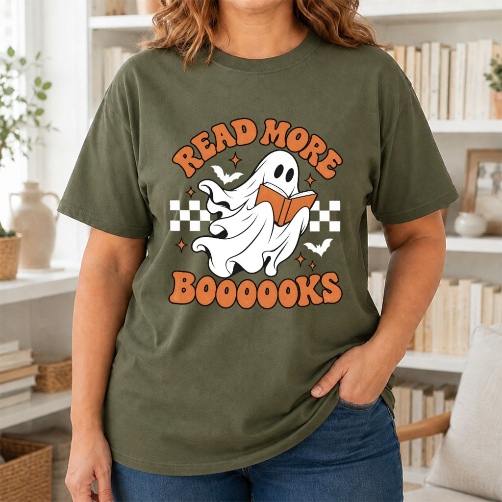 Read More Books Flying Ghost Printed T-Shirt | Halloween Book Lover Gift Military Green