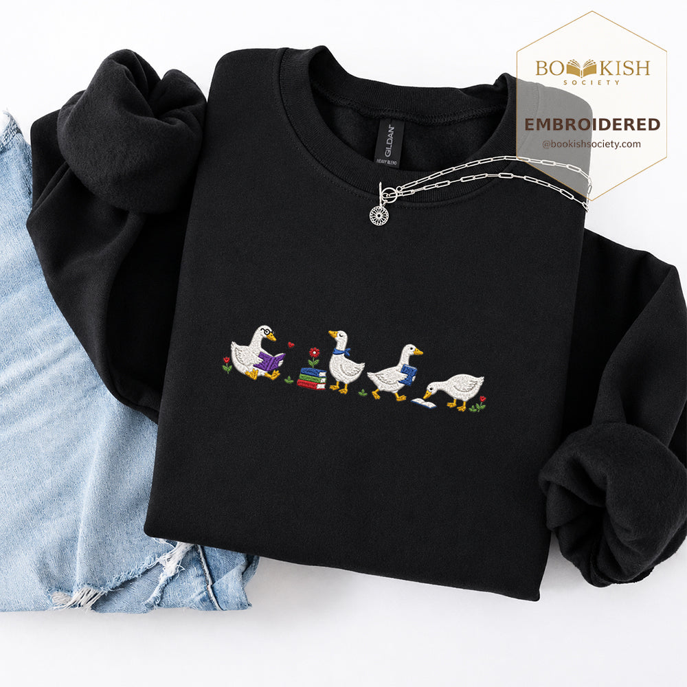 Four Reading Ducks Embroidered Sweatshirt | Reader Gift Black