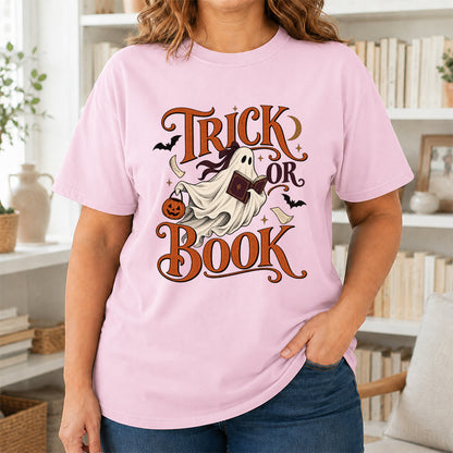 Trick Or Book Ghost Printed T-Shirt | Halloween Book Lover Gift Light Pink