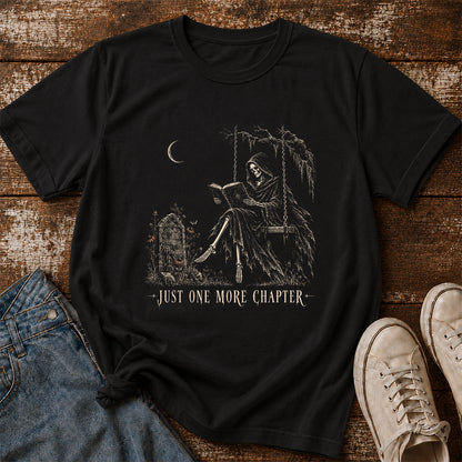 Just One More Chapter Grim Reaper Printed T-Shirt | Spooky Halloween Reader Gift Black