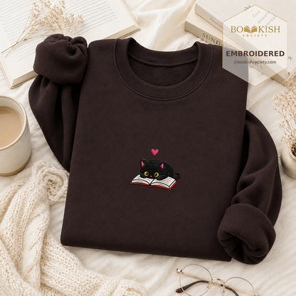 Black Cat and Book Embroidered Sweatshirt | Reader Gift Dark Chocolate