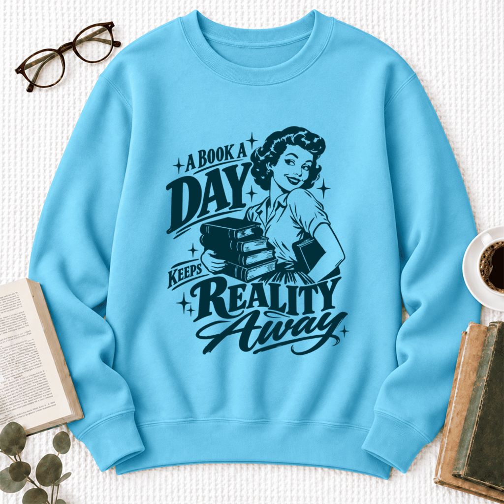 A Book A Day Keeps Reality Away Softstyle Sweatshirt | Cozy Book Lover Gift Sky