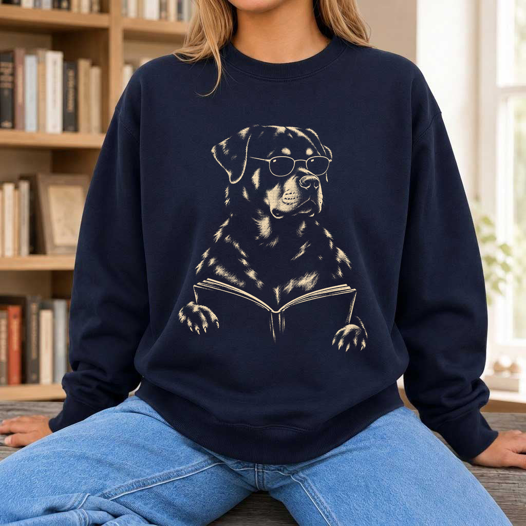Rottweiler Reading Book Crewneck Sweatshirt | Reader Gift Navy