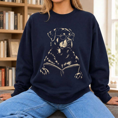 Rottweiler Reading Book Crewneck Sweatshirt | Reader Gift Navy