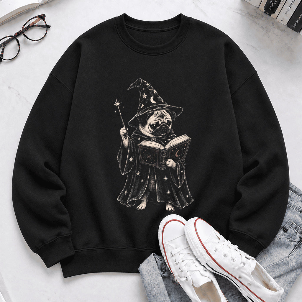Cute Pug Witch Reading Book Printed Sweatshirt | Halloween Book Lover Gift Black