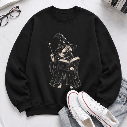 Cute Pug Witch Reading Book Printed Sweatshirt | Halloween Book Lover Gift Black