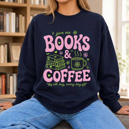 Books and Coffee Crewneck Sweatshirt | Reader Gift Navy