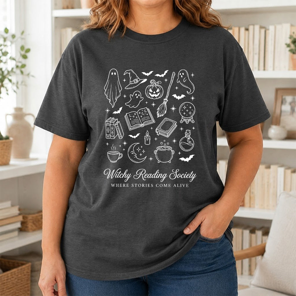 Witchy Reading Society Printed T-Shirt | Halloween Reader Gift Dark Heather