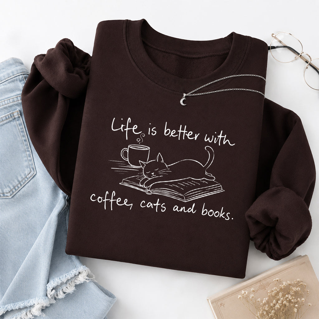 Funny Cats and Books Crewneck Sweatshirt | Reader Gift Dark Chocolate