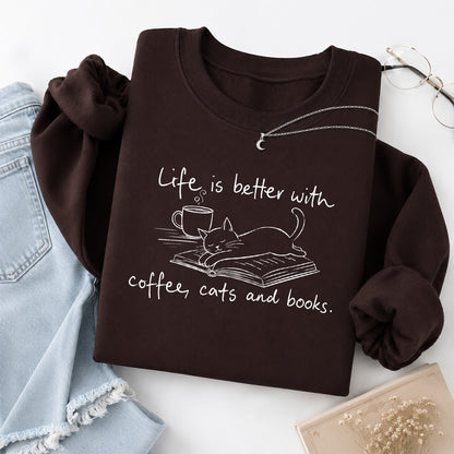 Funny Cats and Books Crewneck Sweatshirt | Reader Gift Dark Chocolate