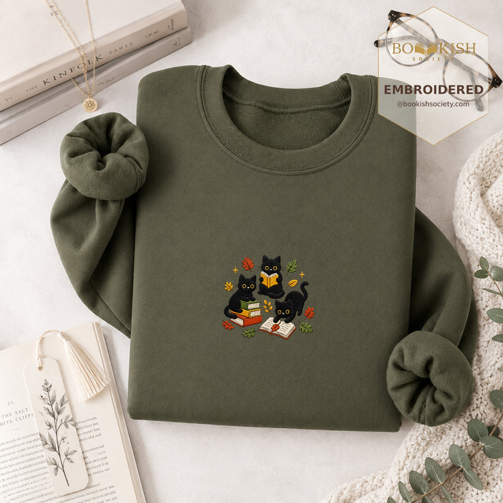 Cat Catching Leaves Embroidered Sweatshirt | Reader Gift Military Green