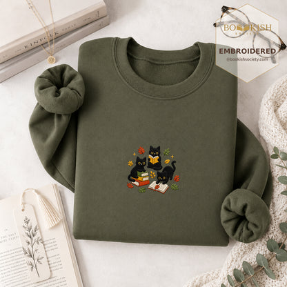 Cat Catching Leaves Embroidered Sweatshirt | Reader Gift Military Green