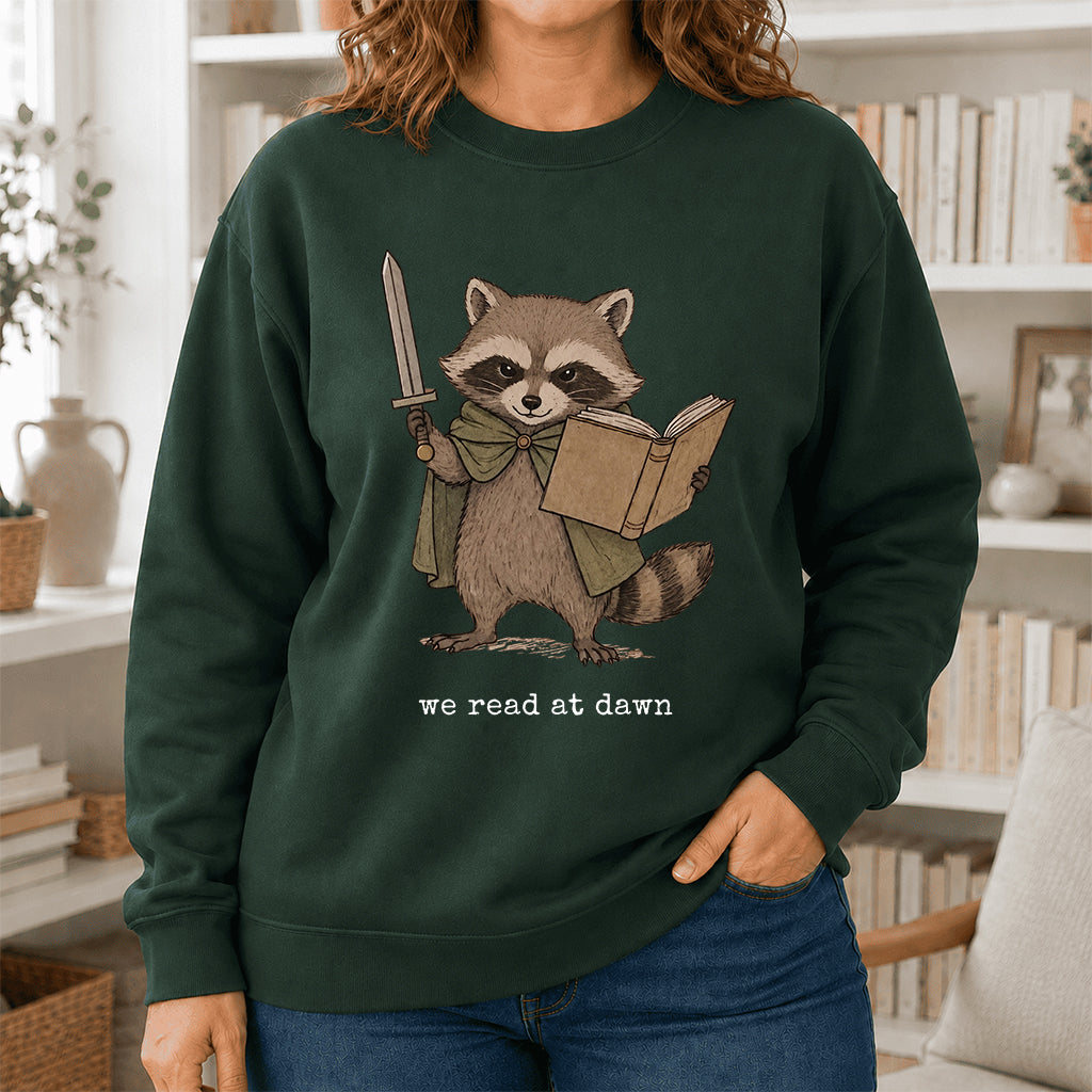 Raccoon We Read At Dawn Crewneck Sweatshirt | Reader Gift Forest Green