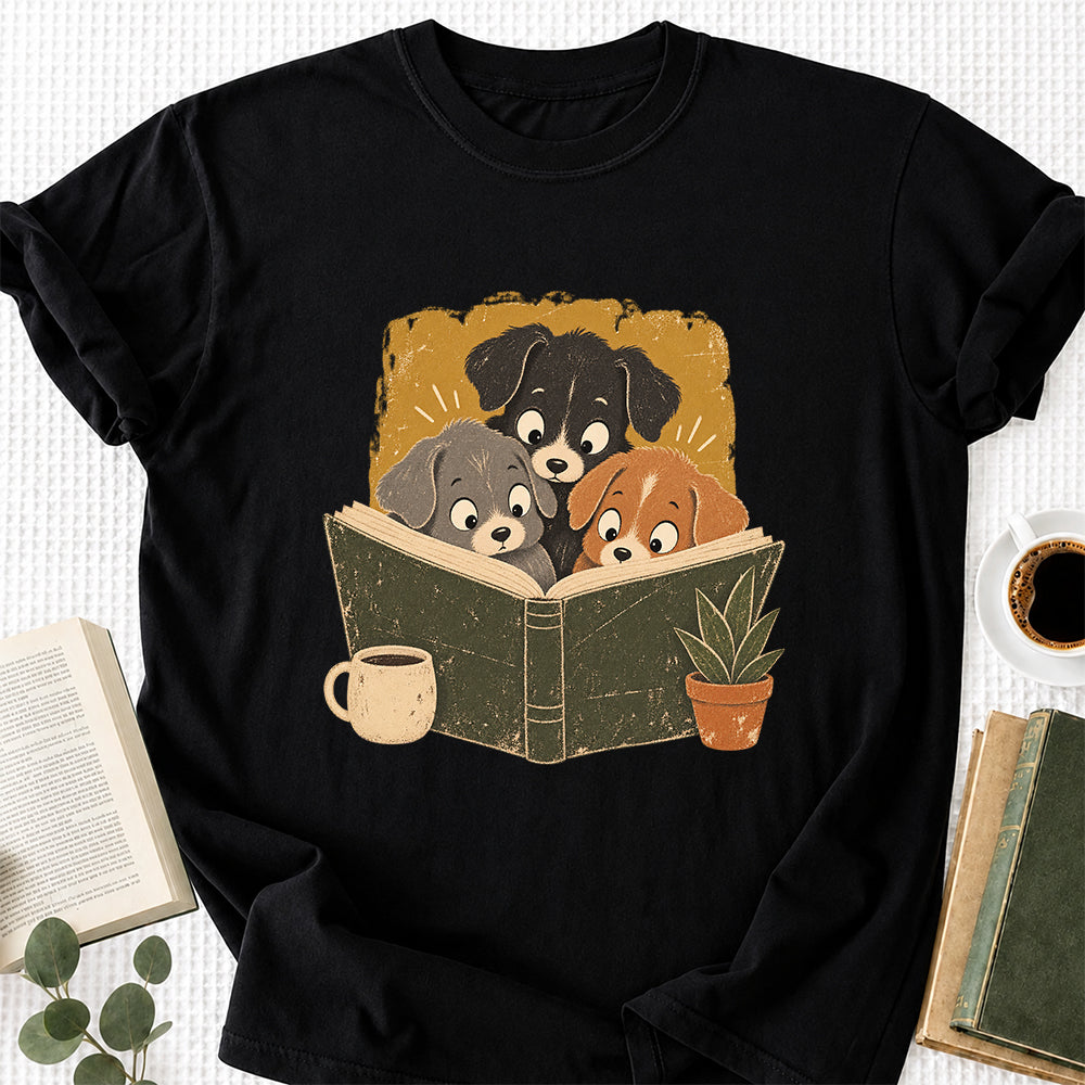 Minimal Japanese Dogs Reading Softstyle T-Shirt | Book Lover Gift Black