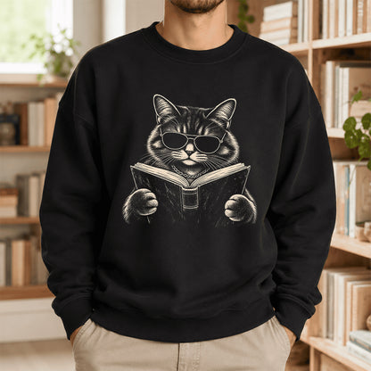 Cat Reading Book Crewneck Sweatshirt | Reader Gift Black