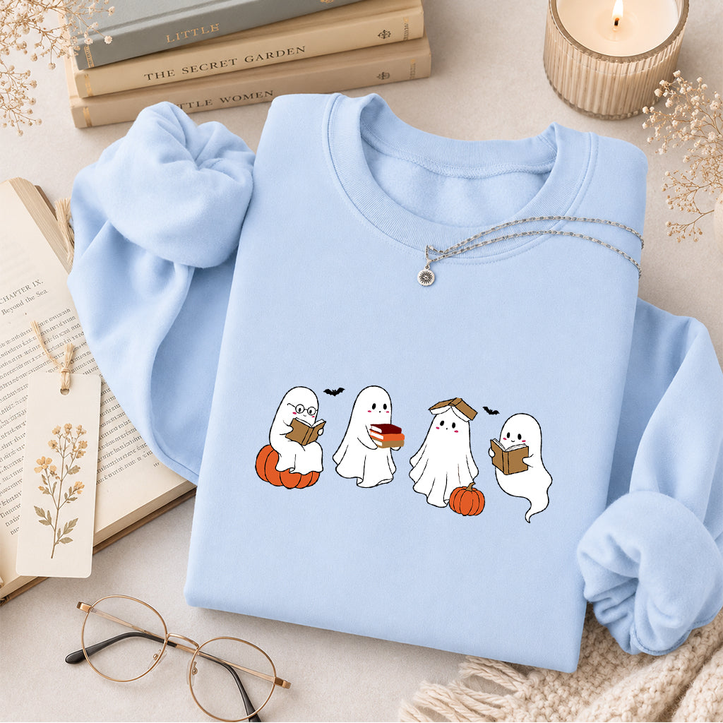 Halloween Ghosts Reading Printed Sweatshirt | Spooky Book Lover Gift Light Blue