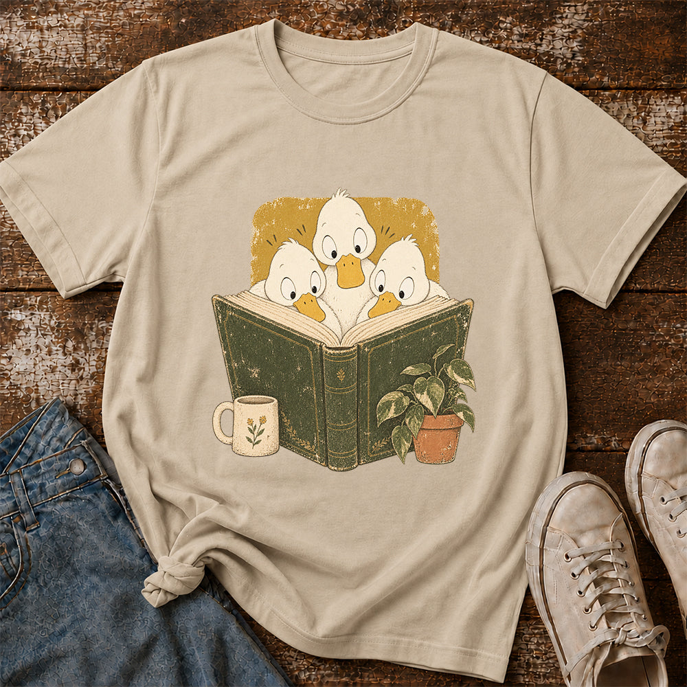 Minimal Japanese Ducks Reading Softstyle T-Shirt | Book Lover Gift Sand