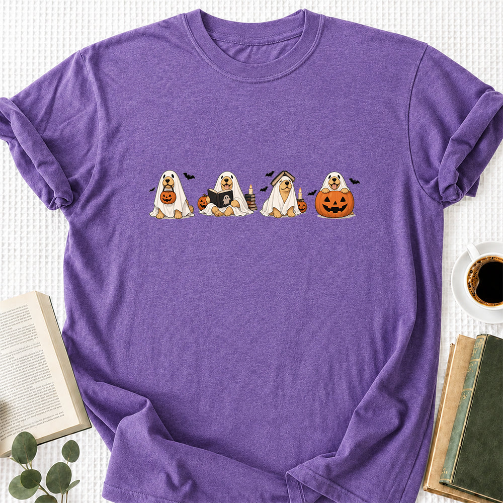 Spooky Golden Retrievers Book Club Printed T-Shirt | Halloween Book Lover Gift Heather Purple