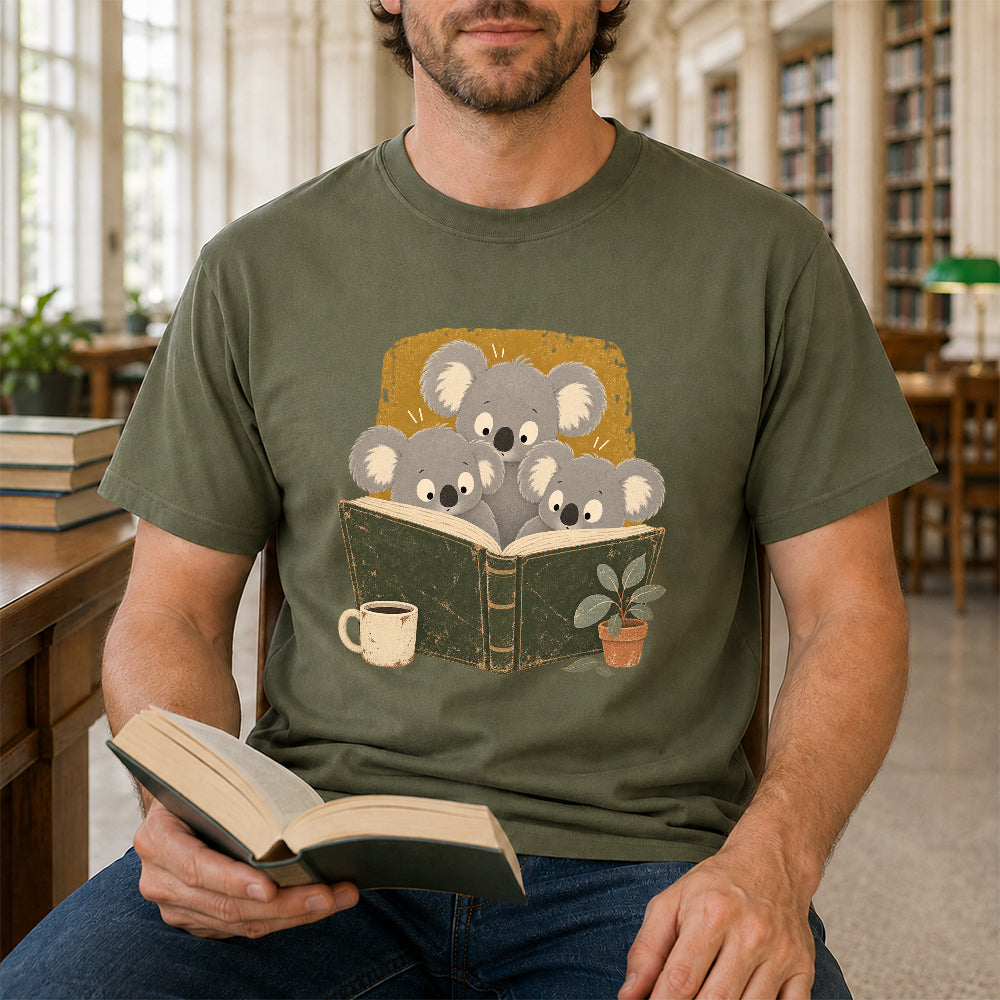 Minimal Japanese Koalas Reading Softstyle T-Shirt | Book Lover Gift Military Green