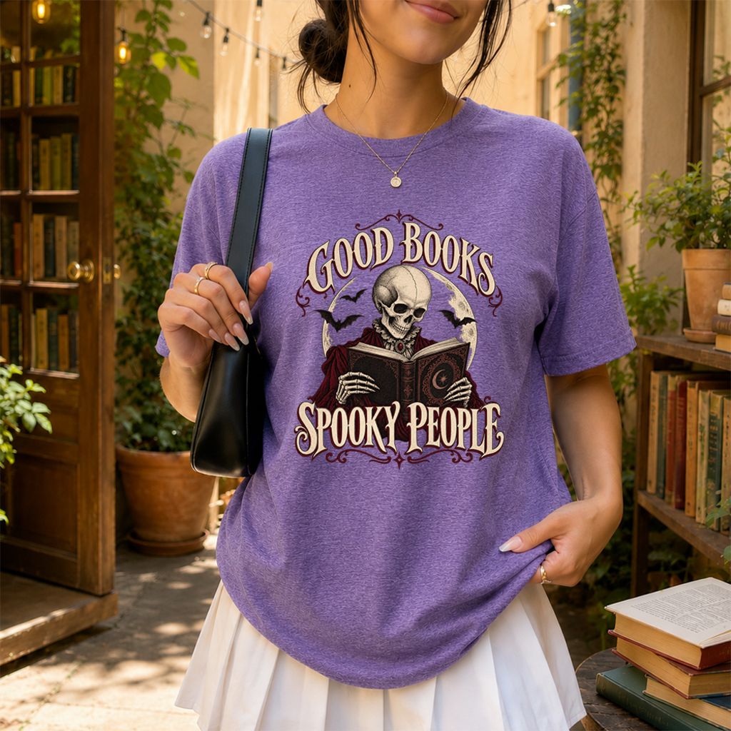 Good Books Spooky People Printed T-Shirt | Halloween Book Lover Gift Heather Purple