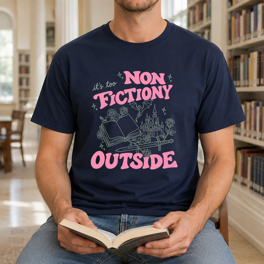 It's Too Nonfictiony Outside Cotton T-Shirt | Introvert Book Lover Gift Navy