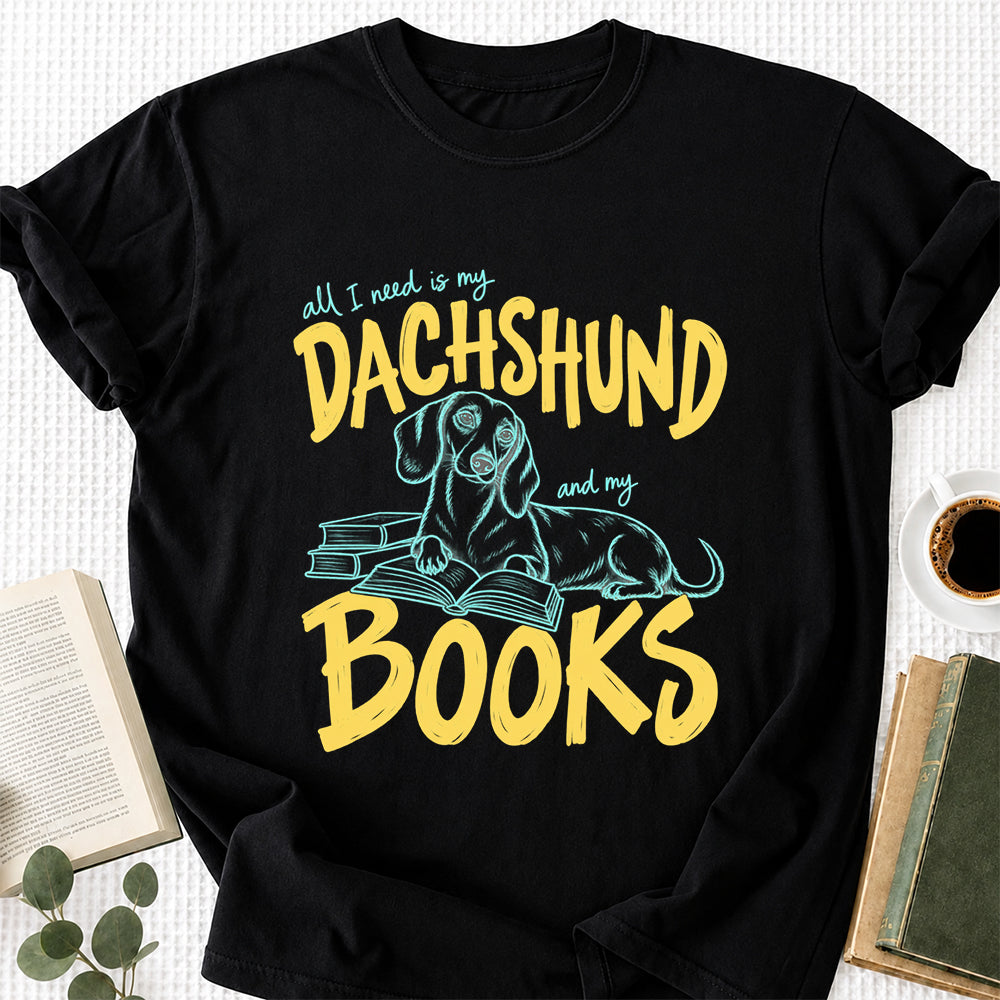 All I Need Is My Dachshund And My Books Softstyle T-Shirt | Book Lover Gift Black