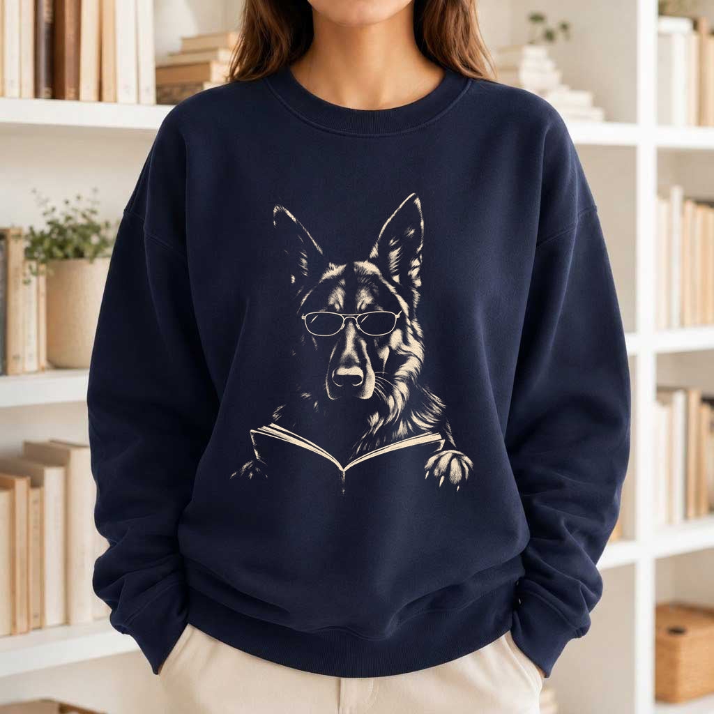 German Shepherd Reading Book Crewneck Sweatshirt | Reader Gift Navy