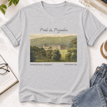 Pemberley House Pride And Prejudice Ultra-Soft V-Neck | Classic Literature Reader Gift Ash