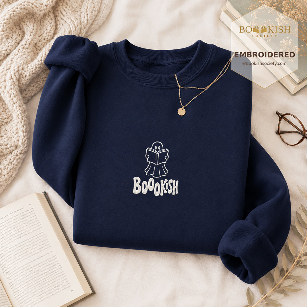 Bookish Ghost Embroidered Sweatshirt | Halloween Book Lover Gift Navy