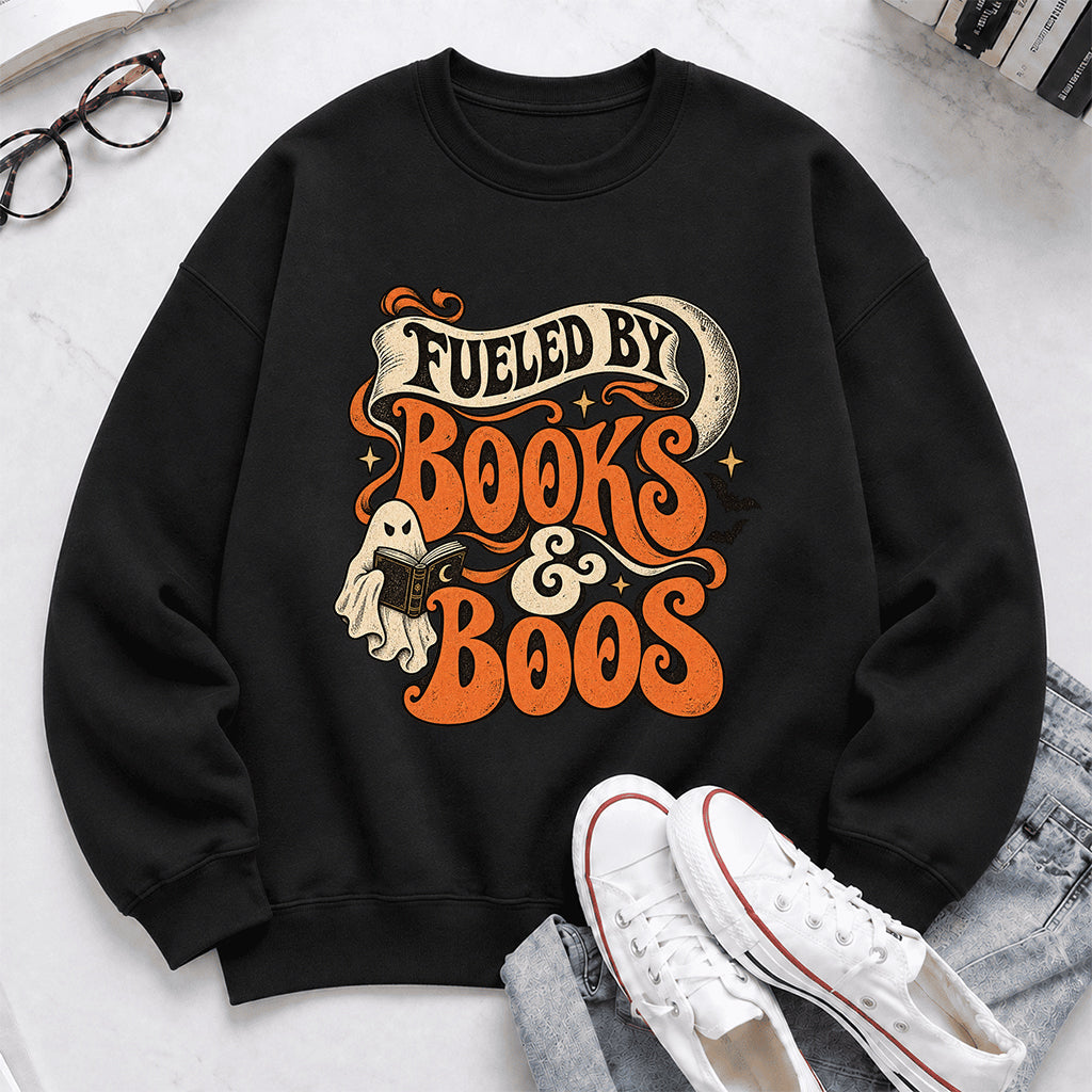 Fueled By Books & Boos Printed Sweatshirt | Halloween Book Lover Gift Black