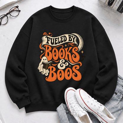 Fueled By Books & Boos Printed Sweatshirt | Halloween Book Lover Gift Black