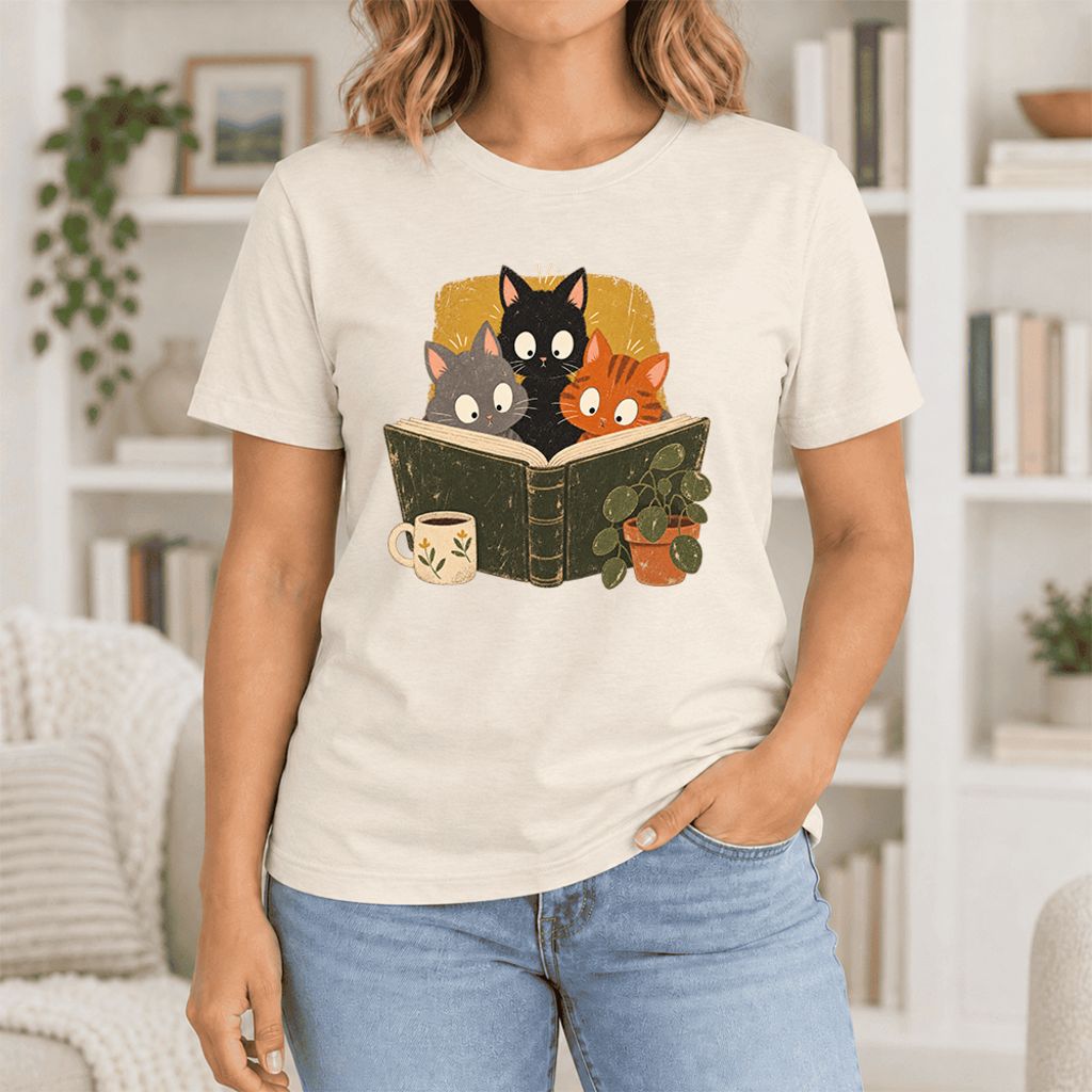 Curious Reading Cats Ultra-Soft Cotton T-Shirt | Cat Lover Reader Gift Natural