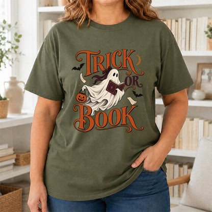 Trick Or Book Ghost Printed T-Shirt | Halloween Book Lover Gift Military Green