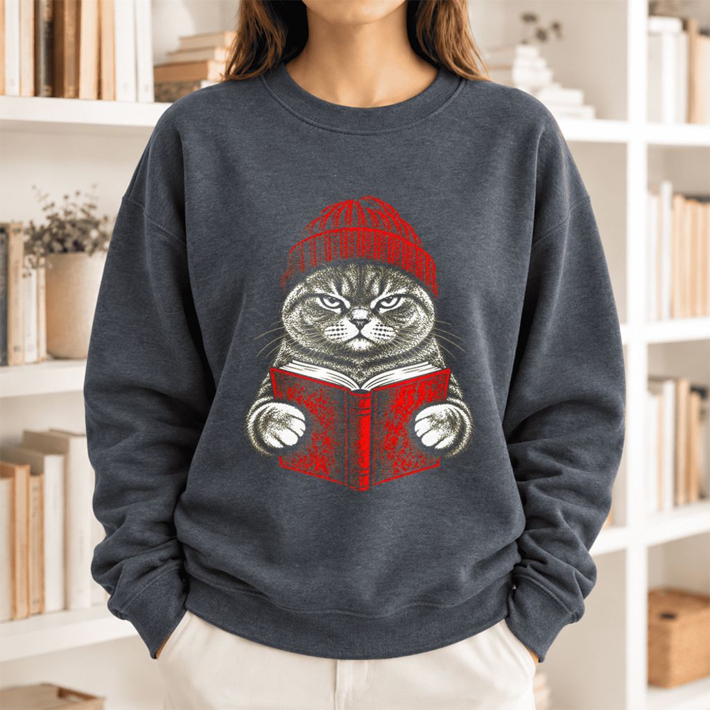 Vintage Reading Cat British Shorthair Softstyle Sweatshirt | Christmas Gift Dark Heather