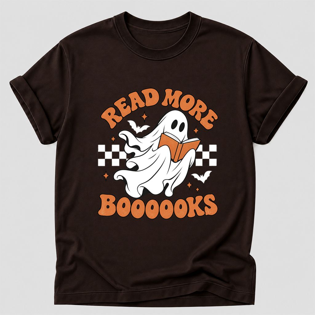 Read More Books Flying Ghost Printed T-Shirt | Halloween Book Lover Gift Dark Chocolate