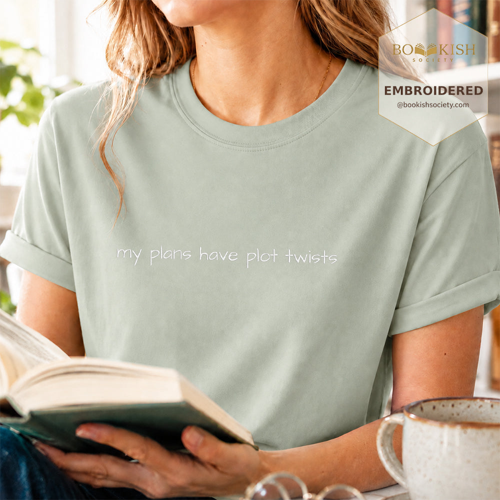 Embroidered My Plans Have Plot Twists Comfort Color® T-shirt Book Lover Gift Bay