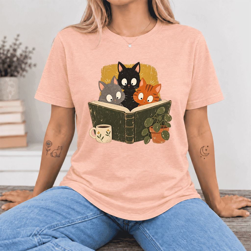 Curious Reading Cats Ultra-Soft Cotton T-Shirt | Cat Lover Reader Gift Heather Peach