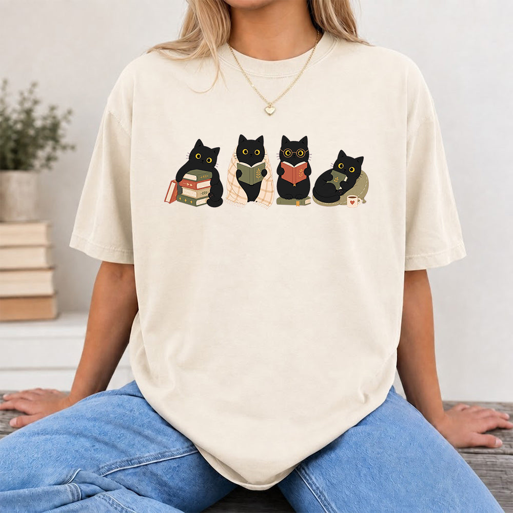 Black Cats Reading Softstyle T-Shirt | Book Lover Gift Natural