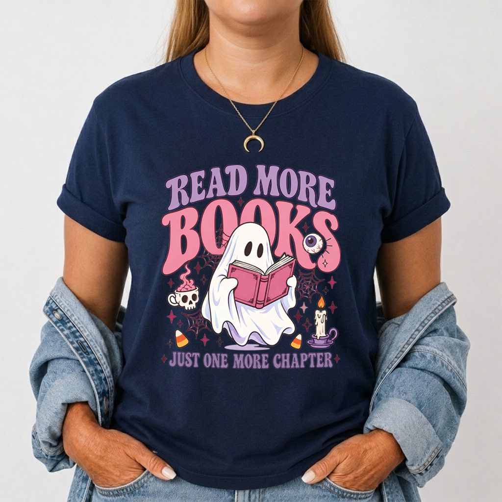Read More Books Ghost Printed T-Shirt | Halloween Book Lover Gift Navy