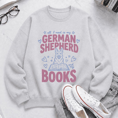 All I Need Is My German Shepherd And My Books Crewneck Sweatshirt | Dog Lover & Reader Gift Sport Grey