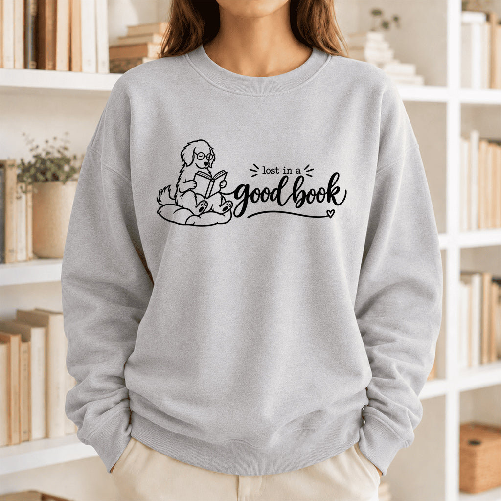 Lost In A Good Book Crewneck Sweatshirt | Dog Lover & Reader Gift Sport Grey
