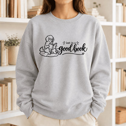 Lost In A Good Book Crewneck Sweatshirt | Dog Lover & Reader Gift Sport Grey