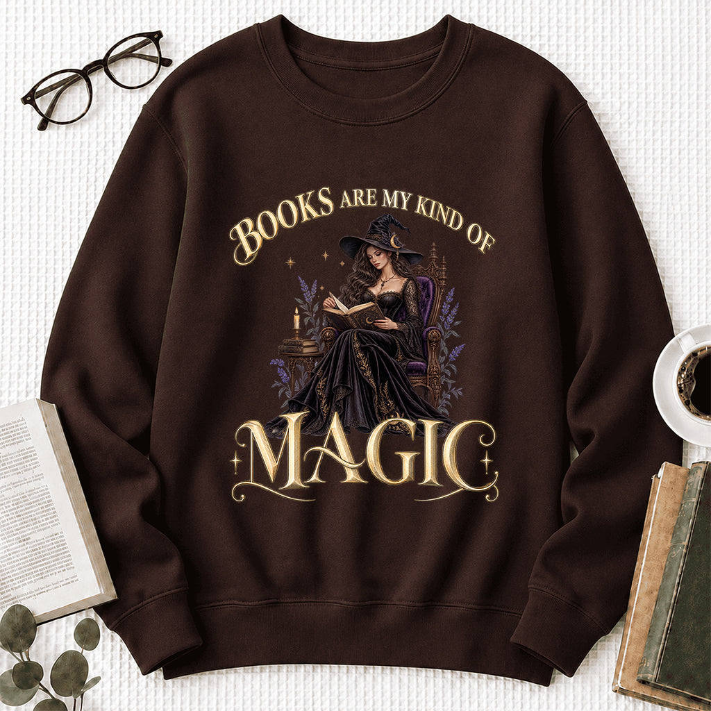 Books Are My Kind Of Magic Crewneck Sweatshirt | Halloween Literary Fantasy Book Lover Gift Dark Chocolate
