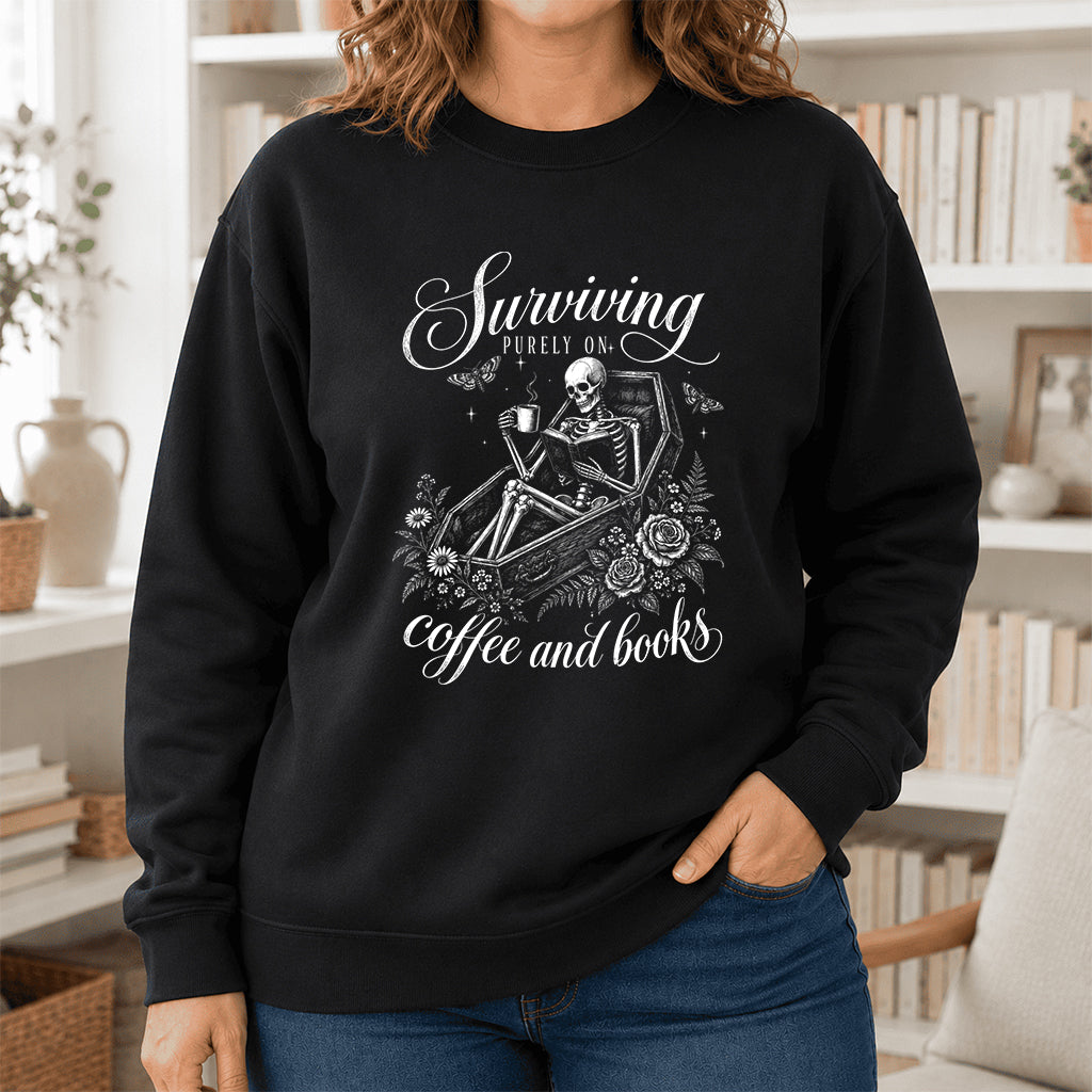 Surviving Purely On Coffee And Books Printed Sweatshirt | Halloween Reader Gift Black