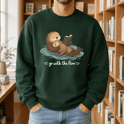 Go With The Flow Otter Reading Crewneck Sweatshirt | Reader Gift Forest Green