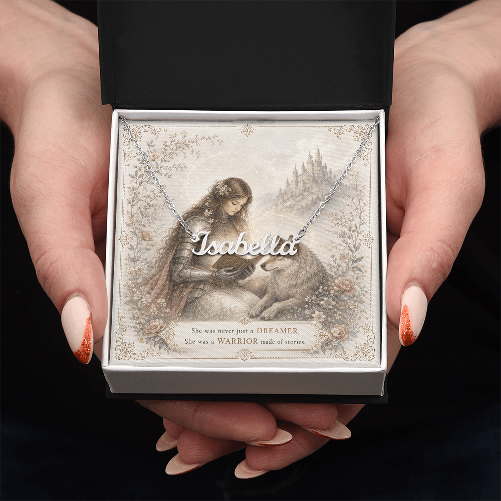 Lady Knight Reading Decorative Card And Custom Name Polished Stainless Steel Necklace With Box Book Lover Gift Font 1