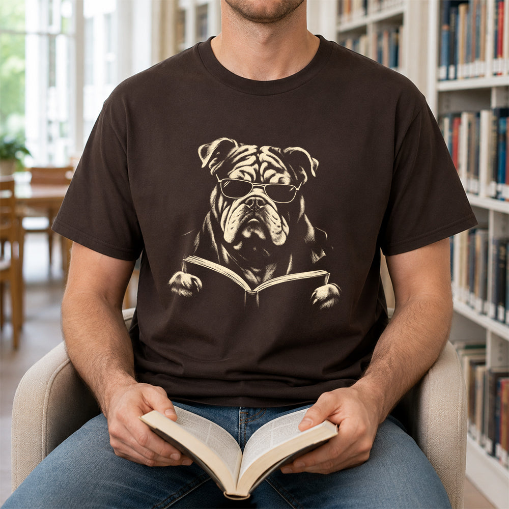 Bulldog Reading Book Softstyle T-Shirt | Book Lover Gift Dark Chocolate