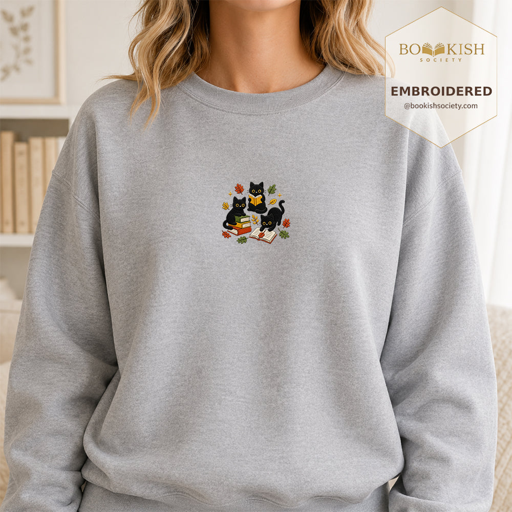 Cat Catching Leaves Embroidered Sweatshirt | Reader Gift Sport Grey