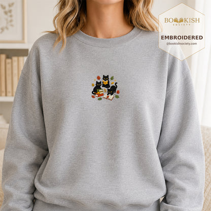 Cat Catching Leaves Embroidered Sweatshirt | Reader Gift Sport Grey